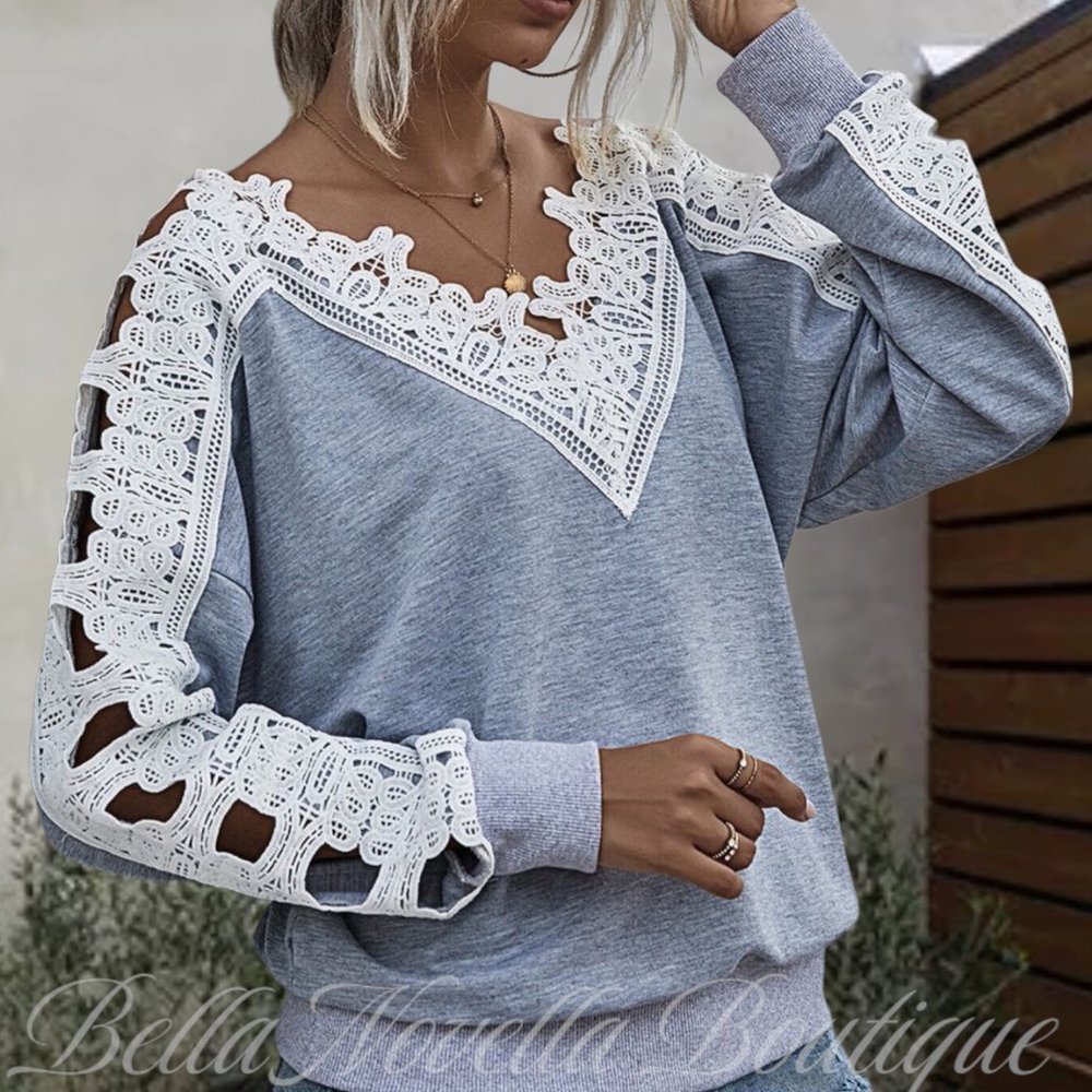 Crochet Lace Trim Cutout Gray V neck Pullover Top